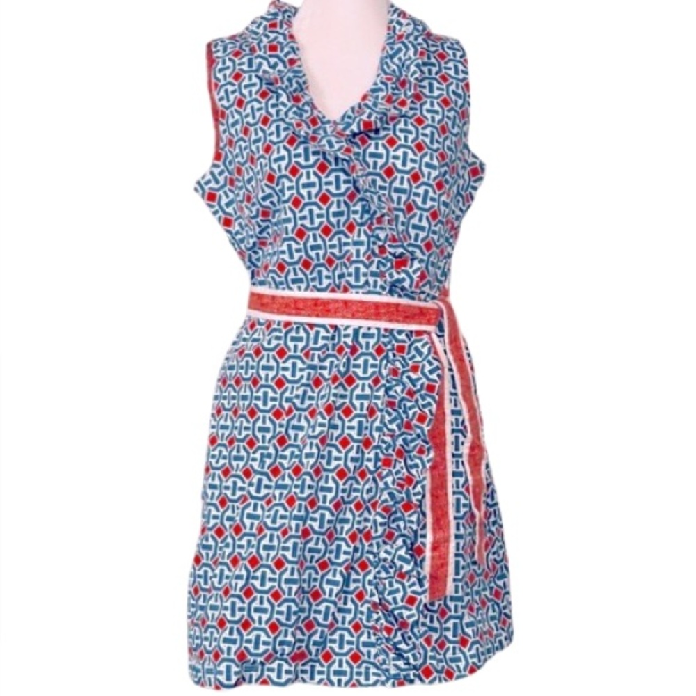 Dizzy Lizzie  Medium Teal Red Orange White Geometric Dress Belted Cotton Blend